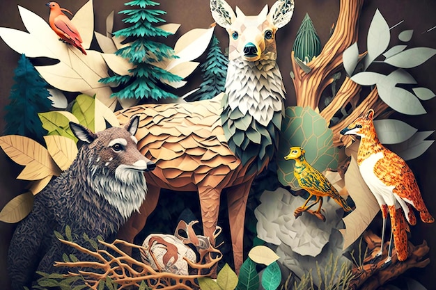 Foto animali della fauna selvatica e uccelli nel collage di carta d'arte della foresta creato con l'ia generativa