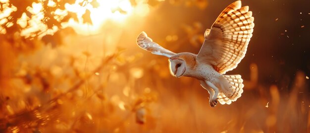 Photo wildlife moment barn owl tyto alba hunting at sunset