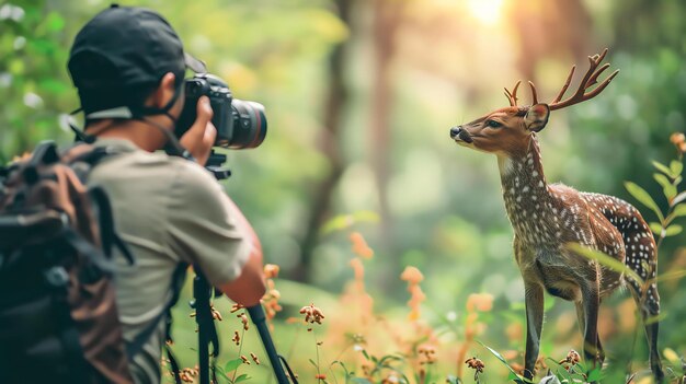 Photo a wildlife photographer captures the perfect shot of a deer in the forest the deer is standing in a clearing surrounded by tall grass and trees