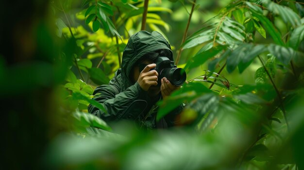 Photo a wildlife photographer waiting for a glimpse of a hidden animal in the forest