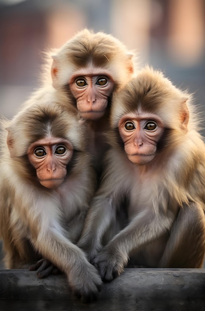 Wildlife Photography Brown Monkeys Sitting On Concrete