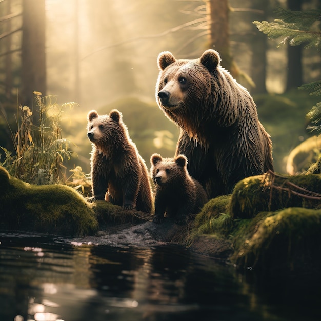 Фотография дикой природы семьи медведей в лесу
