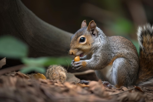 Wildlife rehabber feeding injured squirrel with baby nuts created with generative ai