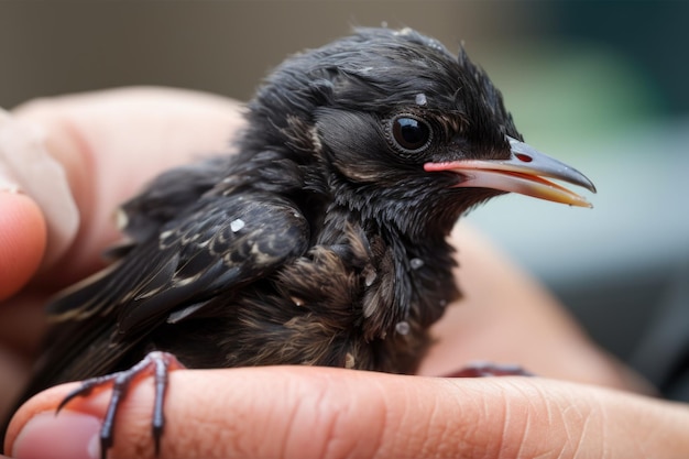 Foto riabilitatore della fauna selvatica che nutre un uccellino ferito con un gocciolino creato con ai generativa