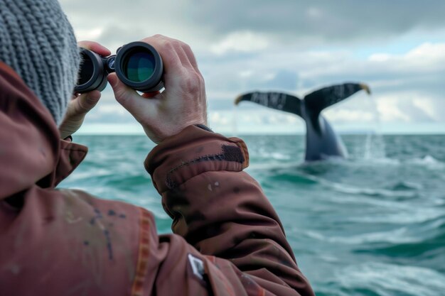 Photo wildlife spotter with binoculars tracking a whale