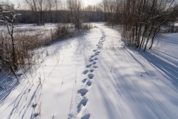 生成 AI で作成された鳥瞰図付きの雪の中の野生動物の足跡