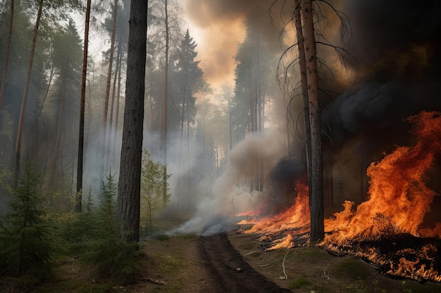Wildvuur brandt door dicht bos met brandende bomen en vallende as