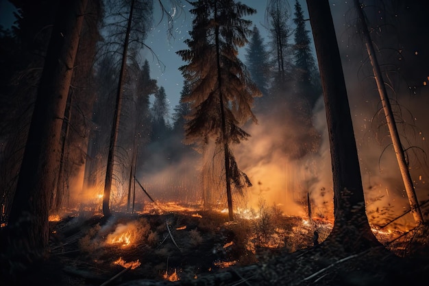 Wildvuur woedt 's nachts in het bos met vlammen en rook die de lucht verlichten