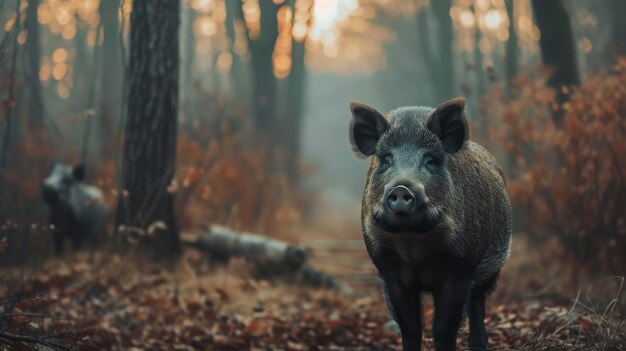 Foto wildzwijn staat in het bos en kijkt naar de camera grote copyspace gebied