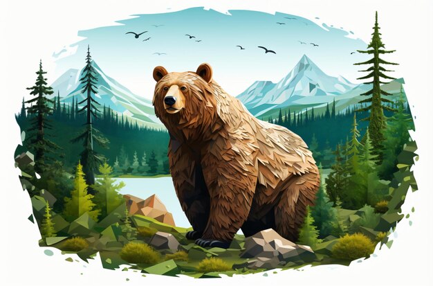 Photo wile bear in an abstract illustrative style with trees and mountainswild bear in the mountains