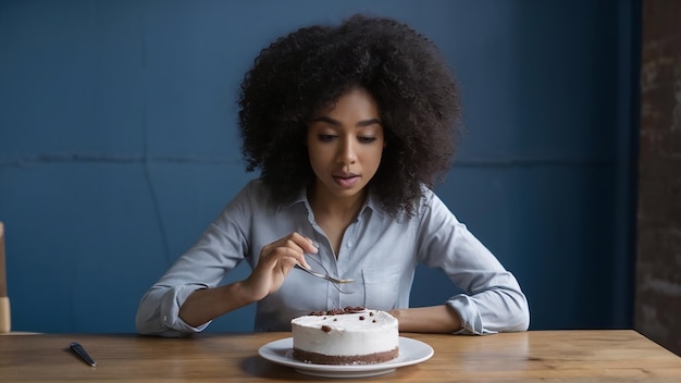 Will powered dark skinned female refuses to consume delicious cake on plate