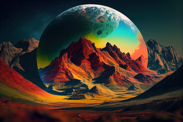 Willekeurige planeet veelkleurige bergen groene maan Generatieve Ai