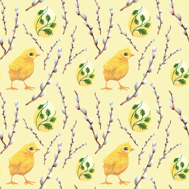 Willow chicken and egg seamless watercolor patternfor easter holiday natural yellow illustration