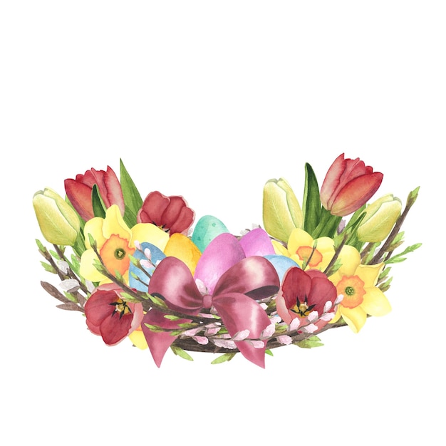 Photo willow nest watercolor with tulips daffodil colored eggs red bow isolated on white hand drawing easter illustration