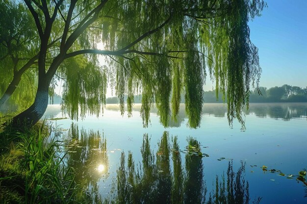 Photo a willow tree is reflected in a pond