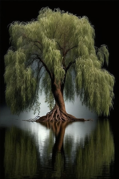 A willow tree is reflected in the water.