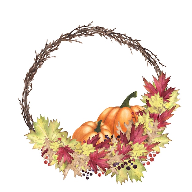 Willow wreath watercolor with rape pumpkins and autumn leaf isolated on white Hand drawing Thanksgiving illustration