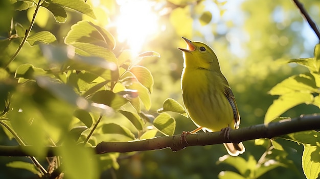 Wilson's Warbler singing joyfully on a sunlit branch AI Generative