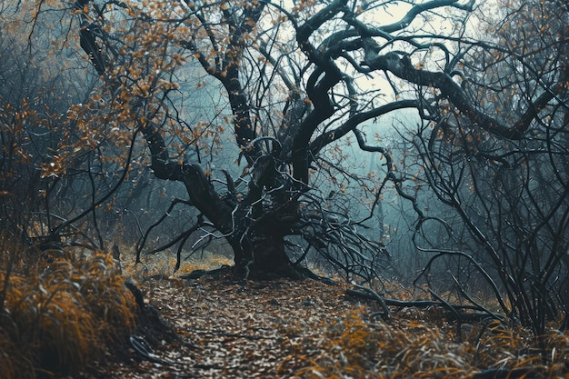 Foto un albero appassito in una foresta che simboleggia l'isolamento e la disperazione che si sentono quando si ritiene di essere trattati ingiustamente dalla propria comunità