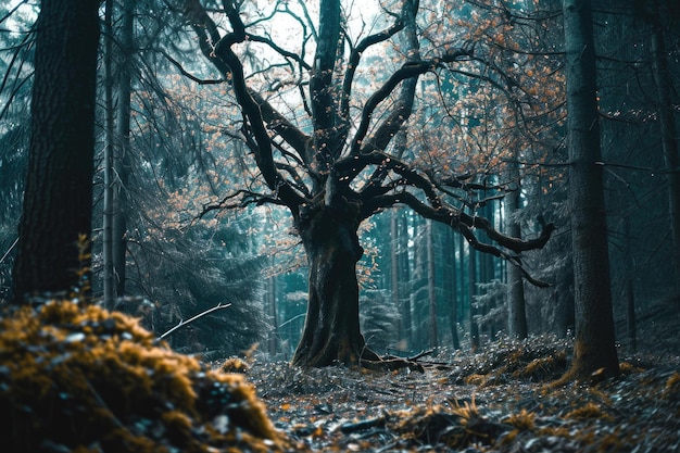 Foto un albero appassito in una foresta che simboleggia l'isolamento e la disperazione che si sentono quando si ritiene di essere trattati ingiustamente dalla propria comunità