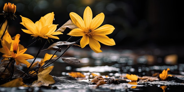 wilting flower in a peaceful autumn garden surrounded by vibrant yellow leaves