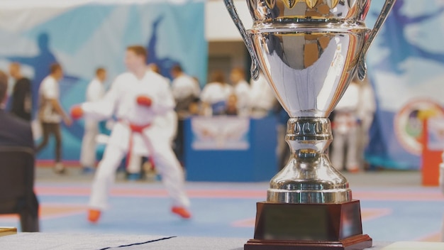 Win cup in front of fighting karate at the tournament sowmotion