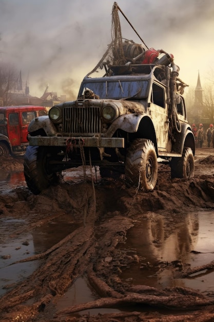 A winch pulling an offroad vehicle out of a mud pit created with generative ai