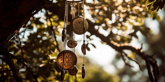 Wind chime hanging on tree branch