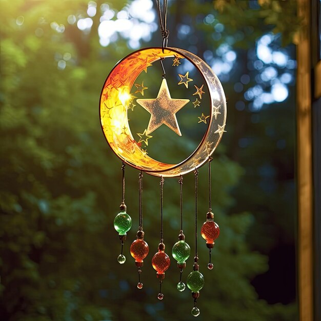 Photo wind chime with star and moon hanging outside