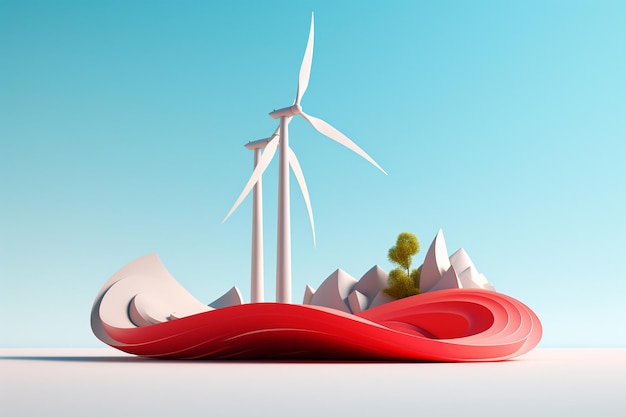 Photo wind energy concept windmills on blue background cartoon style two wind turbines on a simple blue backdrop representing the concept of sustainable energy ai generation