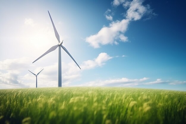 녹색 화창한 날 높은 세부 사항에 풍력 에너지