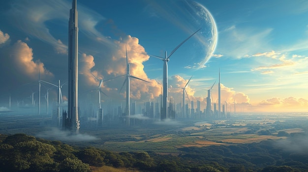 Photo wind energy landscapes in a futuristic wallpaper