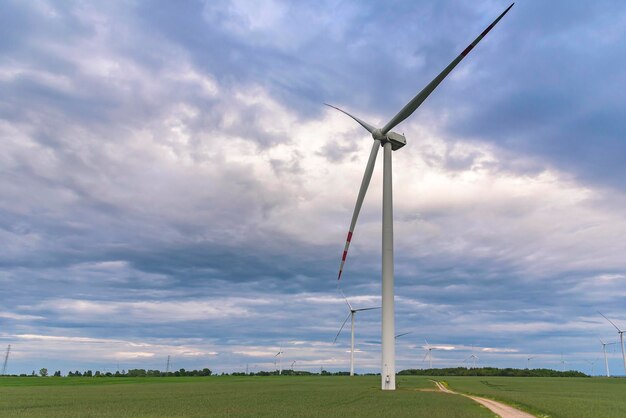 Wind farm against cloudy sky