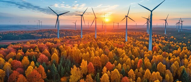 wind farm in a blue sky colourful fall woodland