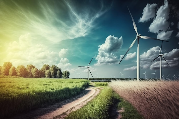 A wind farm in the countryside on a very breezy and clear day