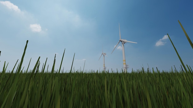 A wind farm is shown in the water with the sun shining on the horizon.