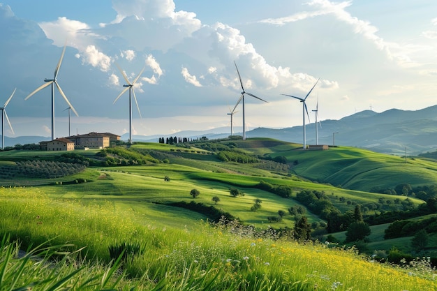 A wind farm near a small village in a mountainous area