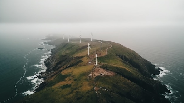 Wind Farm Perched on Coastal Cliff Birds Eye View