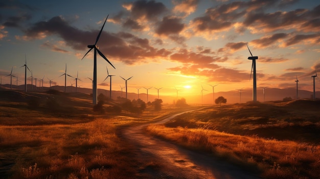 Wind farm silhouetted against a sunset sky Created with Generative AI technology