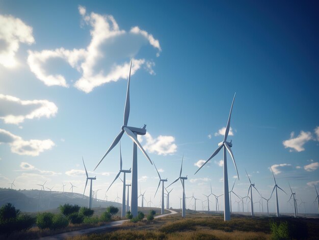 A wind farm with a blue sky and clouds