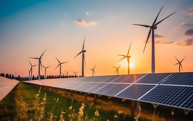 A wind farm with a sunset in the background