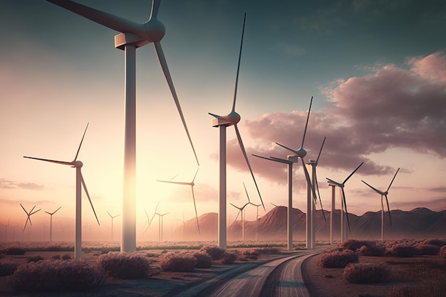 A wind farm with windmills in the background.