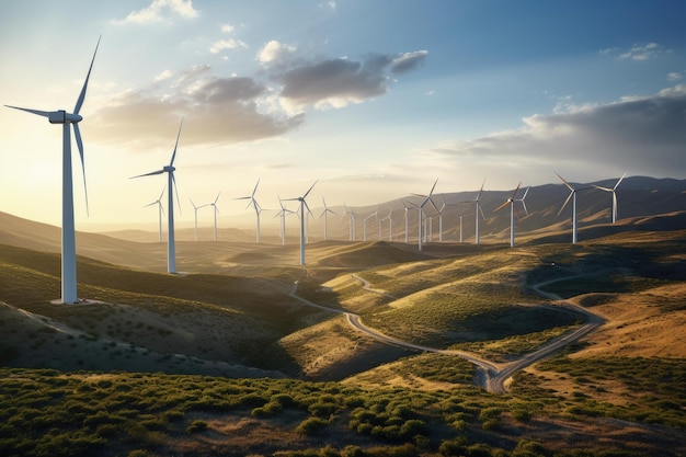Wind farms Sustainable energy from wind turbines on mountains