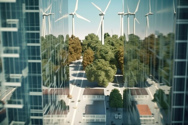 Photo wind generators among the high mirror city business buildings rows with the lake ai generated