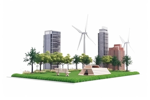 Ветрогенераторы среди городского парка и высоких бизнес-зданий рядом с озером на белом фоне сгенерированы AI