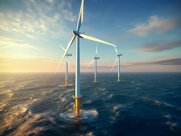 Wind generators on a wind farm at sea in Europe at Sunset