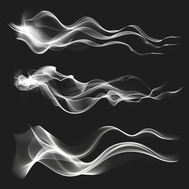 Foto il vento soffia sentieri spruzzi di polvere e ruscelli fumosi curva di flusso set di illustrazione moderna nebbia d'aria o esplosione raccolta isolata e fumo volante
