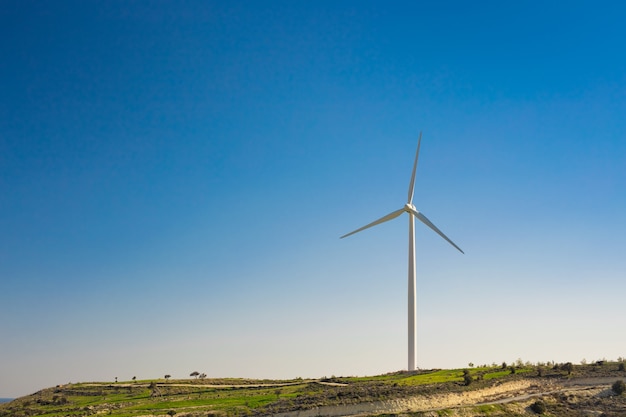 Ветряные мельницы в яркий летний день. зеленый луг с ветряными турбинами, производящими электричество.