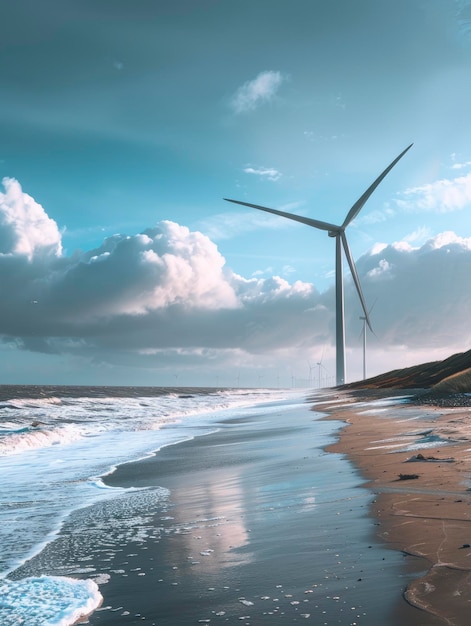 Wind power and energy farm on the seaside beautiful background professional photo