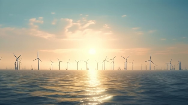 Энергия ветра Туманным утром морские ветряные турбины Идея экологически чистого электричества Генерация ИИ